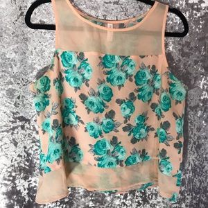 Sleeveless Sheer Pink and Teal Floral Crop Top